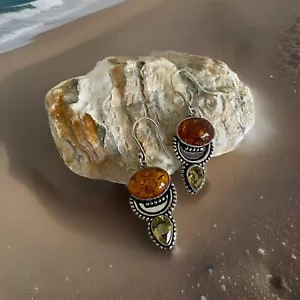 Baltic Amber & Citrine Crystal Earrings- Silver Plated 925-Brand New - Picture 1 of 3