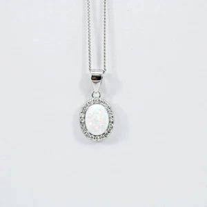 WHITE GOLD FINISH Mystical White Opal Oval Cut Pendant Necklace - Picture 1 of 4