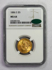 Oro 1886 S $5 Liberty Head Half Eagle clasificación NGC MS64 CAC ¡¡¡Envío gratuito!!!¡! - Imagen 1 de 6