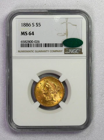 1886 S Gold $5 Liberty Head Half Eagle NGC graded  MS64   CAC  Free Shipping!!!! Cover