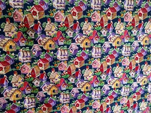 2 Yards Vintage Birdhouse Fabric Design Club III Navy Blue Background colorful - Picture 1 of 5