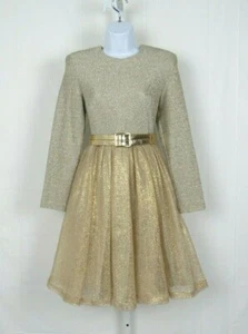 VTG 1950s PAUL PARNIS GOLDEN GLITTER DRESS & BELT SIZE 10 CRINOLINE SLIP LINED - Picture 1 of 9