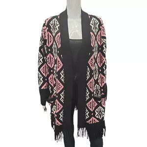 Isaac Mizrahi Live Open Front Geo Printed Jacquard Fringe Cardigan 3X Plus Size - Picture 1 of 9