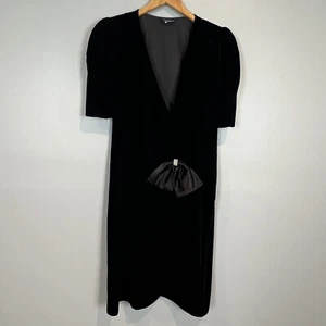 Cachet by Bari Protas Black Velvet Wrap Dress Rhinestone Bow Size 16 Vintage - Picture 1 of 9
