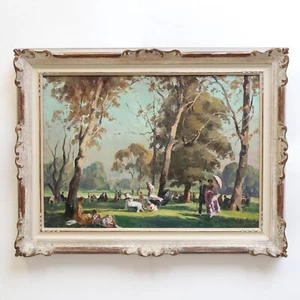 Dipinto olio su tela, di A. Duval, "Il Parco", firmato in basso, Oil painting - Foto 1 di 8