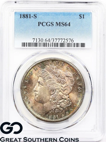 1881-S PCGS Morgan Silver Dollar MS- 64 ** Beautiful Rainbow Toner, Free S/H! Cover