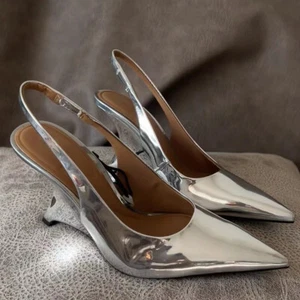 Silver High Heels Wedge Heels Slingbacks Pointed Toe Sandals Women Shoes Size - Picture 1 of 6