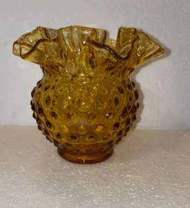 Vintage 4 1//2" Fenton Hobnail Amber Glass Vase with Ruffled Edge Mint - Picture 1 of 10