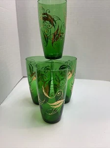 Vtg Anchor Hocking Green & Gold Tumblers Beverage Glass 16 Ounce Set / 4 - Picture 1 of 10