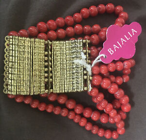 BAJALIA cuff bracelet, 8 strands red beads bracelet,golden metal band, MINT