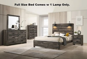 Rustic Brown 5Pc Built in Sconce Lamps Light Platform Full Bed Dresser Mirror NS - Picture 1 of 7