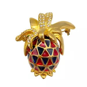 Vintage Emaille Dreieck Ananas Brosche Anstecknadel goldfarbene Strasssteine - Bild 1 von 4