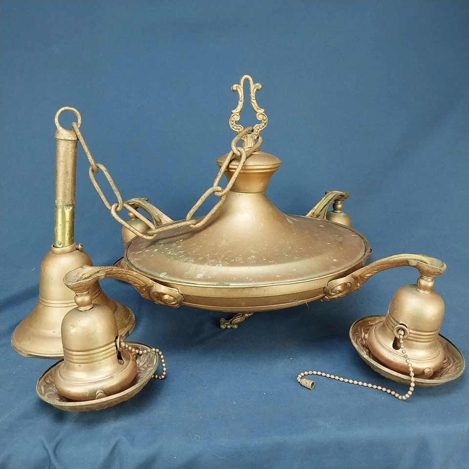 Antique Art Nouveau 1910's Drop Pan Brass Chandelier Light Fixture-4 Down Lamp - Image 1 of 4