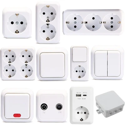 MCPOWER Aufputz Schalter-Programm FINERY weiß Steckdosen USB A C Serie Taster Schalter