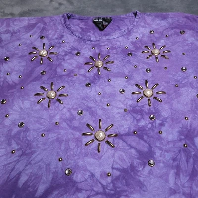 Vtg 90s Boos Embellished Studded Purple Tie Dye XL Shirt Funky Art Sun Flower - Image 1 of 4