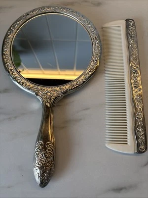 Hallmarks old Vintage Set Silver Plated Alloy Looking Glass & Comb   - image 1 of 4