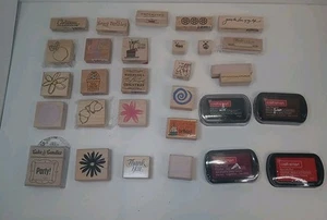 27 Rubber Stamps And 4 Ink Pads Lot Various Sizes Shapes And Designs - Imagen 1 de 8