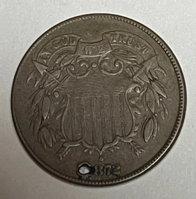 1872 2 Cent Holed 6:30 Through 1 of Date Nice XF Extra Fine Details - Image 1 of 2