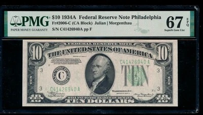 AC 1934A $10 Philadelphia FRN PMG 67 EPQ Fr 2006-C top pop 8/0 - Image 1 of 2