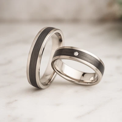 Trauringe Titan Carbon Diamant - Partnerringe Eheringe Verlobungsringe + Gravur - Bild 1 von 4