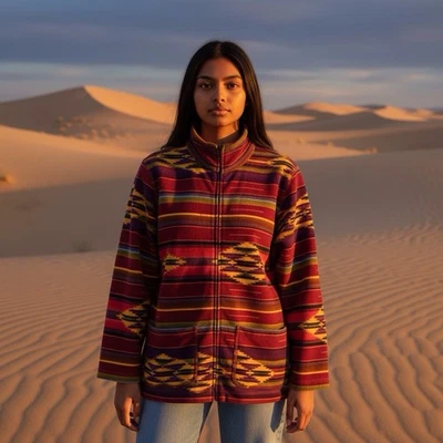 Chicos Aztec Jacket Womens Size 2 Large Red Yellow Purple Southwest Full Zip - Image 1 of 4