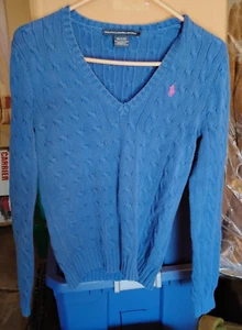 Ralph Lauren Sport Medium Cable Knit Blue Long Sleeve Pullover Cotton Sweater - Picture 1 of 2