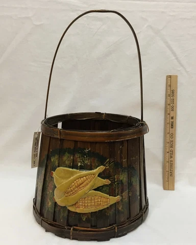 Basket Corn Cob Ear Design Brown & Yellow Wooden Slates w/ Handle Planter 17" Cover