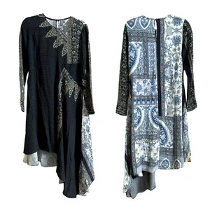 Bl-nk Anthropology Asymmetrical Dual Design Patchwork L Midi Dress Long Sleeve - Picture 1 of 20