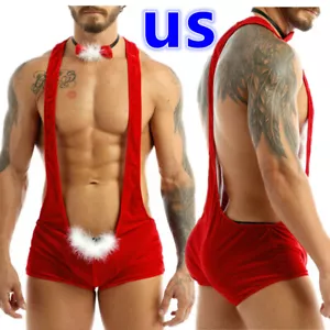 AU Mens Christmas Gifts Velvet Leotard Suspender Bodysuit Boxer Shorts Underwear - Picture 1 of 23