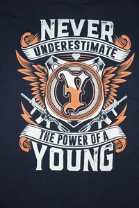 NEVER UNDERESTIMATE THE POWER OF A YOUNG T-Shirt Large, Blue - Picture 1 of 4