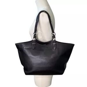 Coach Purple Lining & Black Pebbled Leather Silver-Tone Hardware Tote Bag Sz L - Picture 1 of 13