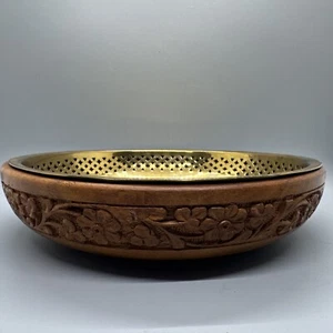 Hand Carved Wooden Bowl With Gold Tone Metal Insert - Picture 1 of 10