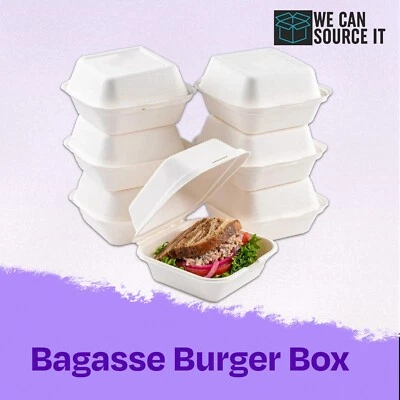 Compostable Bagasse Clamshell Burger Box 6''x6'' Takeaway Eco Food Containers - Image 1 of 4