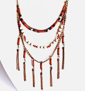 Collana Multi Catena Frange Vetro Perline Legno Zingaro Hippie Boho Vintage 22"+9" - Foto 1 di 19