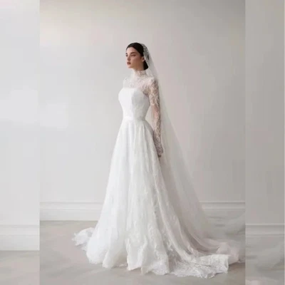 Muslim Wedding Dresses Lace Long Sleeve High Neck A-Line Sweep Train Bridal Gown - Image 1 of 4