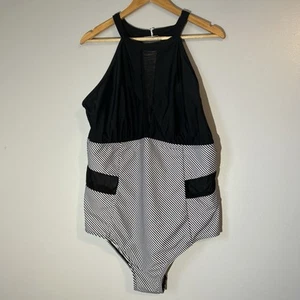 Costume da bagno nero collo alto pezzo unico rete trasparente pannello laterale taglia 22W taglie forti righe - Foto 1 di 13