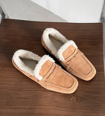 Женские замшевые кожаные мокасины Mules туфли без шнуровки плоскостях теплый подкладки зимние туфли - Изображение 1 из 4