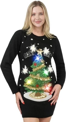 Women Black Ugly Christmas Sweater Dress XMAS Tree with Colorful Light Up Bulbs - Image 1 of 4