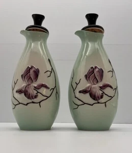 Vintage 1950s Carlton Ware Green Purple Magnolia Flowers Oil & Vinegar Decanters - Picture 1 of 14