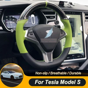 Cubierta negra de fibra de carbono cuero verde cuero para volante de automóvil para Tesla Model S X - Imagen 1 de 8