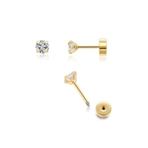 3Mm Tiny CZ Screw on Flat Back Stud Earrings, Gold Plated Piercing Jewelry Gift - Picture 1 of 6