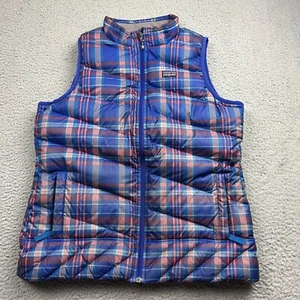 PATAGONIA Down Vest Girls 2XL (16-18) Blue Plaid 600 Fil Goose Down DWR Outdoor - Picture 1 of 14