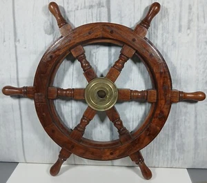 Nautical Wooden Ship Steering Wheel Pirate Deco Wood Brass Fishing Wall Boat 18" - Picture 1 of 6