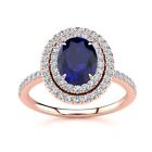 14K Rose Gold 2 Carat Oval Shape Sapphire And Double Halo Diamond Ring