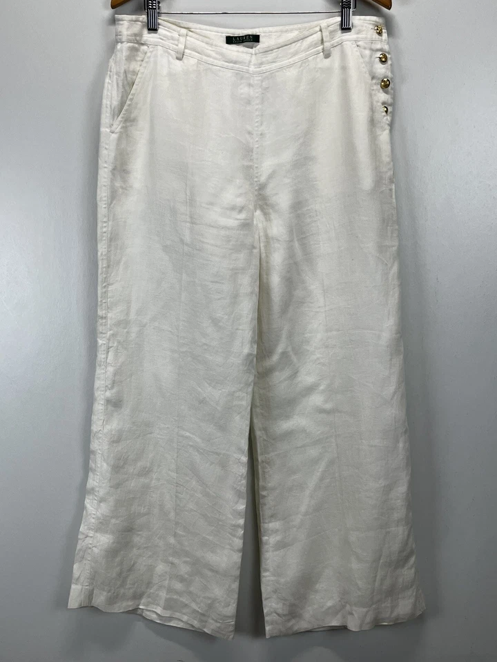 Women Lauren Ralph Lauren 100% Linen Wide Leg Pants 12 Gold Buttons White Lined - Image 1 of 4