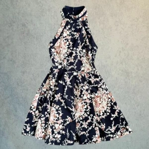 B Darling Womens Mini Dress Blue Floral Fit Flare Halter Dress Size 5 / 6 NEW! - Picture 1 of 21