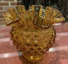 Fenton Amber Hobnail Ruffled Edge Vase Posy Glass Bowl 4 1/2” Tall