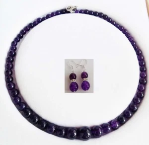 Fashion 6-14mm Purple Amethyst Gemstones Round Necklace Earrings Set 18" - Picture 1 of 6