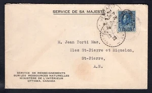 CANADA Ottawa 1923 OHMS Official Cover to ST PIERRE & MIQUELON Single 8c Admiral - Picture 1 of 2