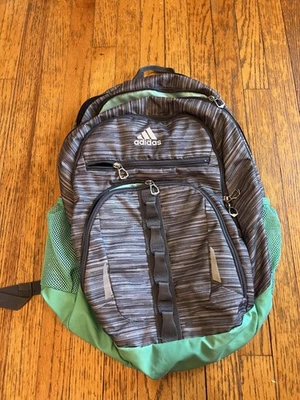 Adidas Backpack Gray Green Multi-Compartment Mesh Pockets School Travel Bag - Image 1 of 4